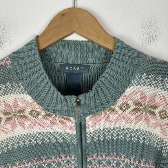 Koret Vintage Sweater Womens L Fair Isle Green Snowflake Nordic Ribbed 1/4 Zip - Picture 8 of 10